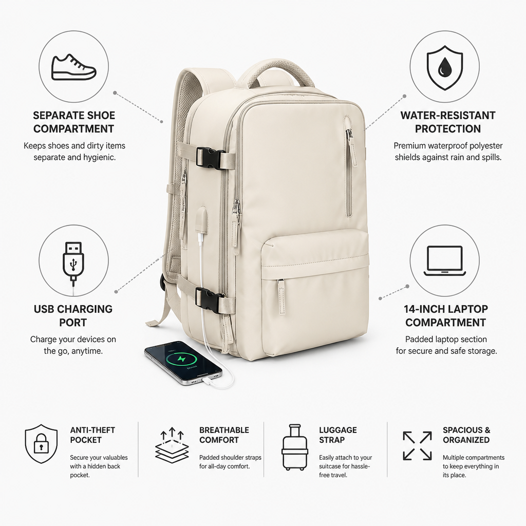 Water-Resistant Shoe Compartment & USB-Charging Travel Backpack (Fits 14-Inch Laptop)
