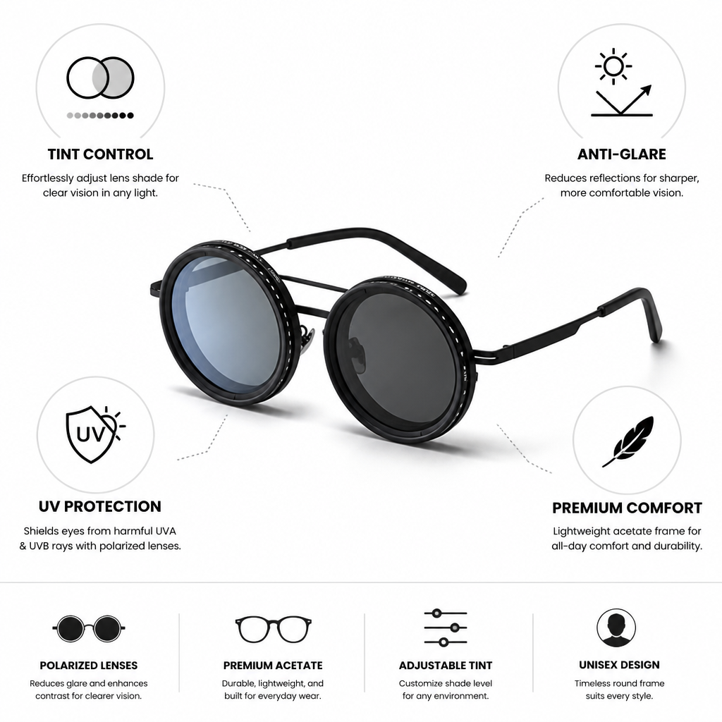 Adjustable-Tint Polarized Acetate Sunglasses (Round Frame)