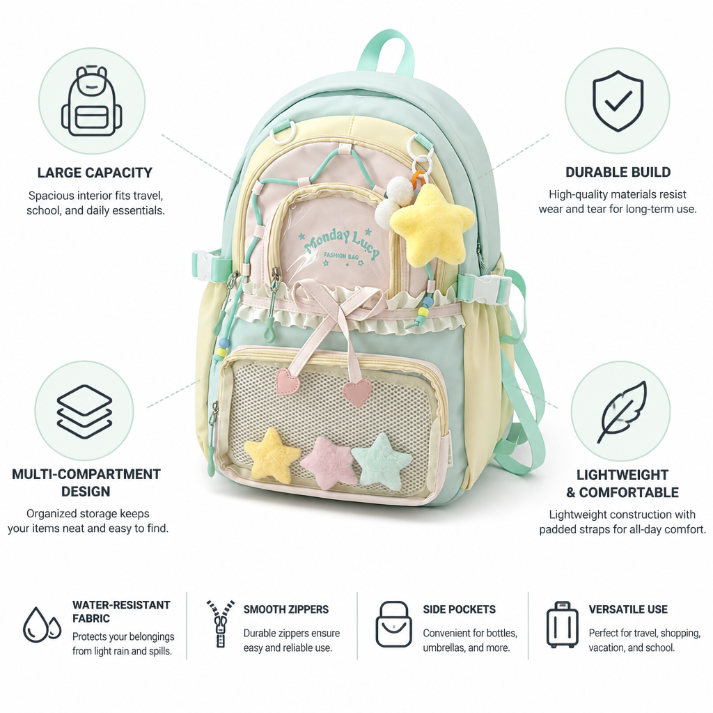 Large Capacity Colorblock Star Women's Backpack (Mint Green)