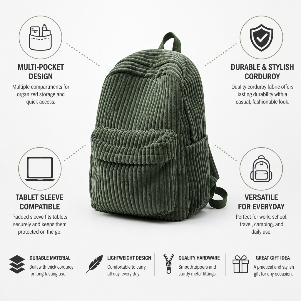 Durable Corduroy Multi-Pocket Backpack (Tablet Sleeve)