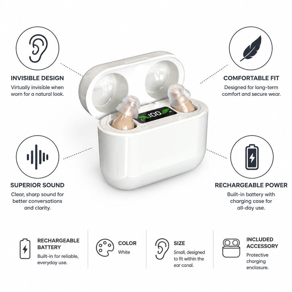 Invisible Rechargeable In-Ear Hearing Aid (With Charging Case)