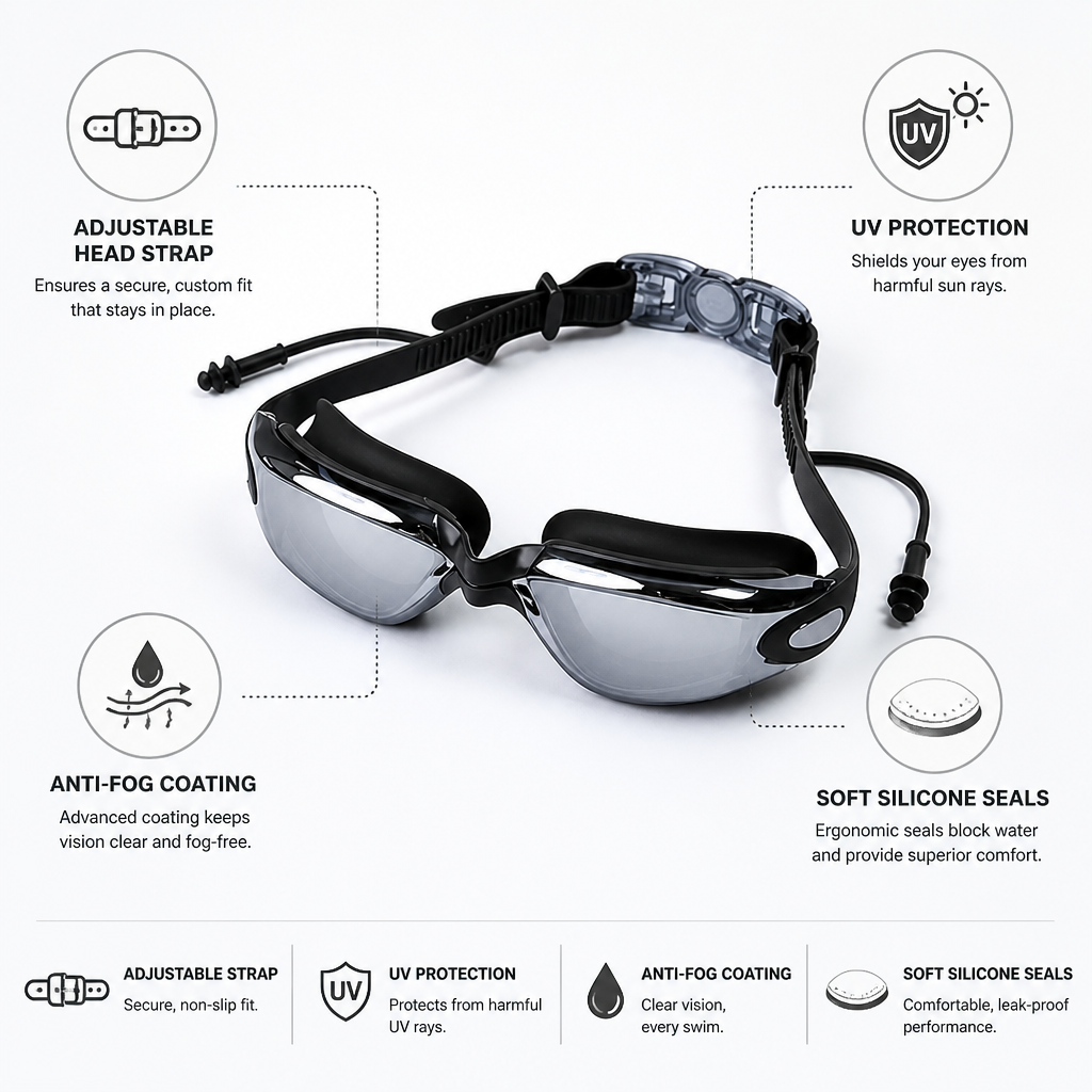 Anti-Fog & UV-Protected Swimming Goggles (Adjustable Strap)