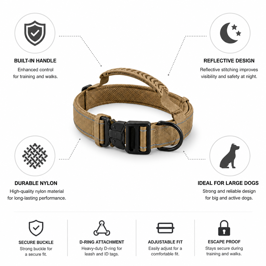 Durable Nylon Built-In Handle Reflective Dog Training Collar (For Large Dogs)