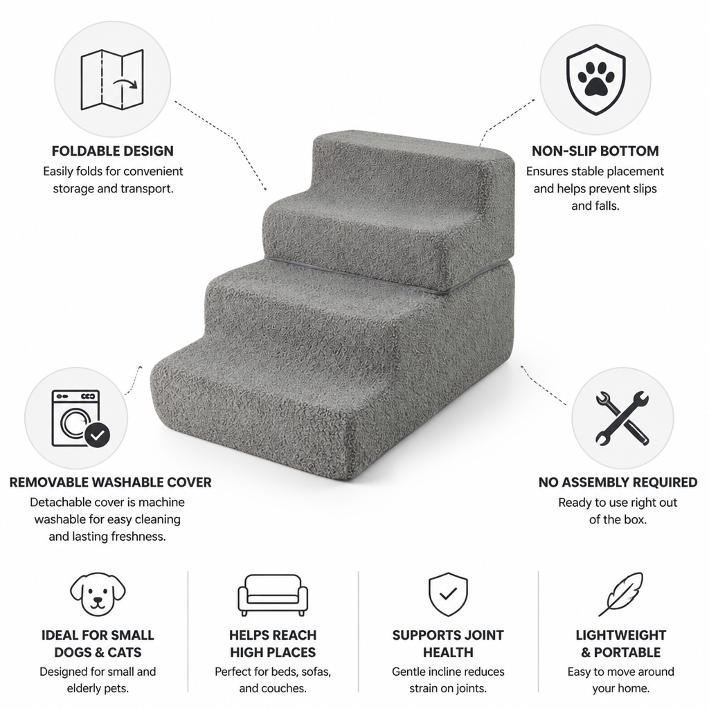 Foldable Non-Slip Foam Pet Stairs (4-Step, Washable Cover)