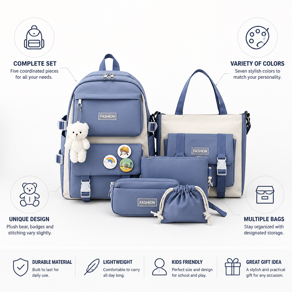Plush Bear & Badge Kids Backpack Set (5-Piece)