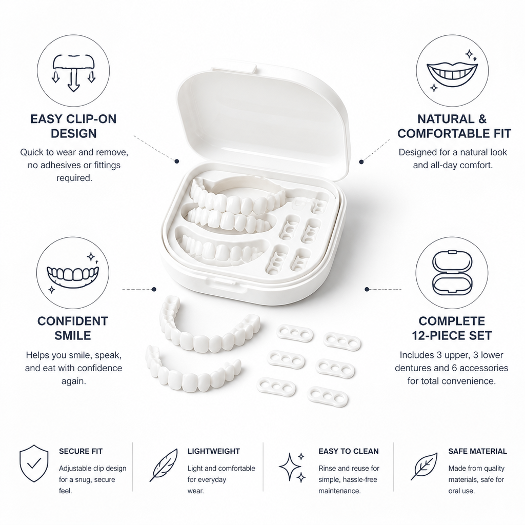 Adjustable Clip-On Natural-Looking Denture Set (12-Piece)