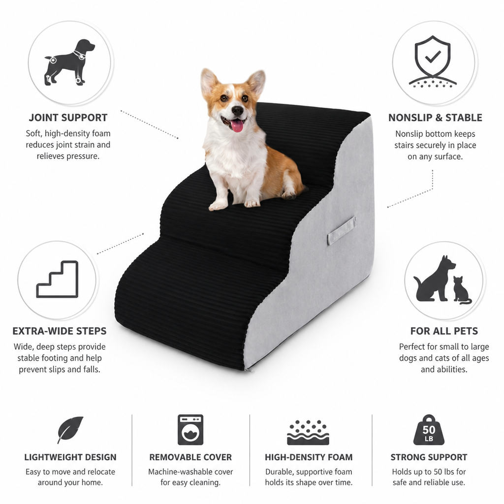 High-Density Foam Non-Slip Extra-Wide Pet Stairs (3-Tier)