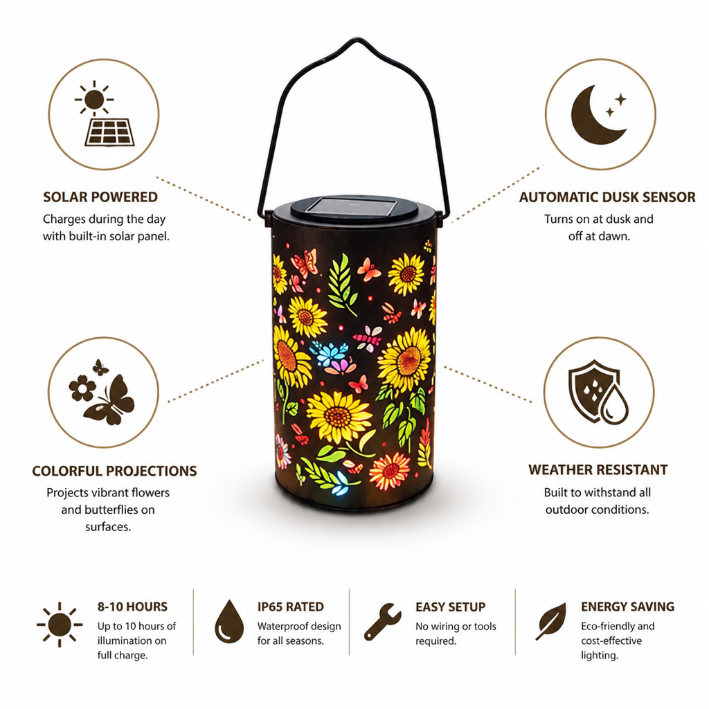 Solar Flower & Butterfly Projection Garden Lantern (Automatic Dusk Sensor)