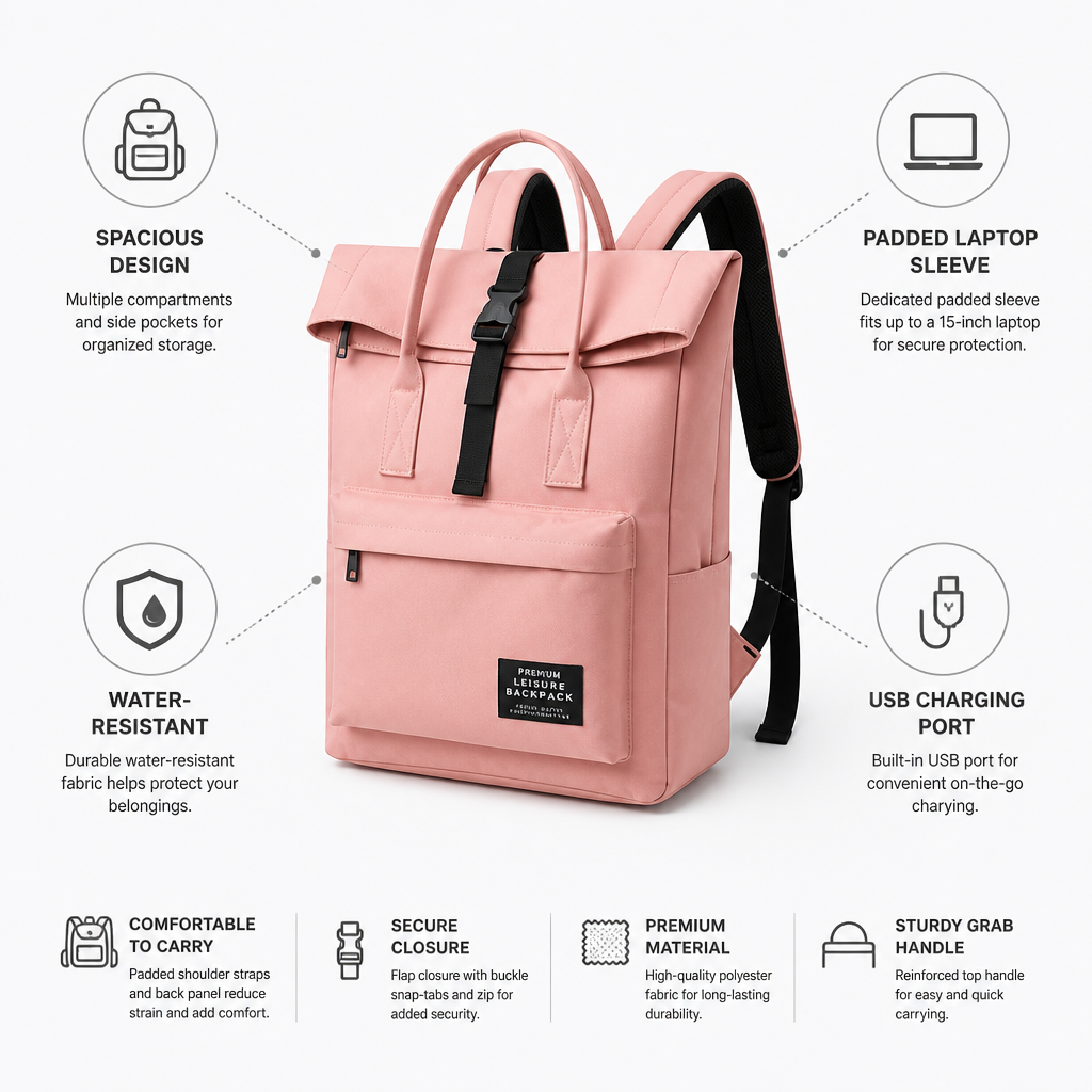 Water-Resistant Padded 15-Inch Laptop Backpack (USB Port)
