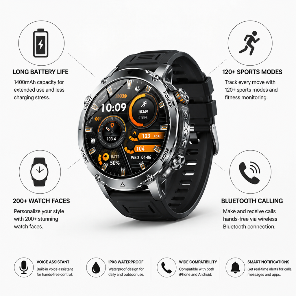 Long Battery Life Fitness & Bluetooth Smartwatch