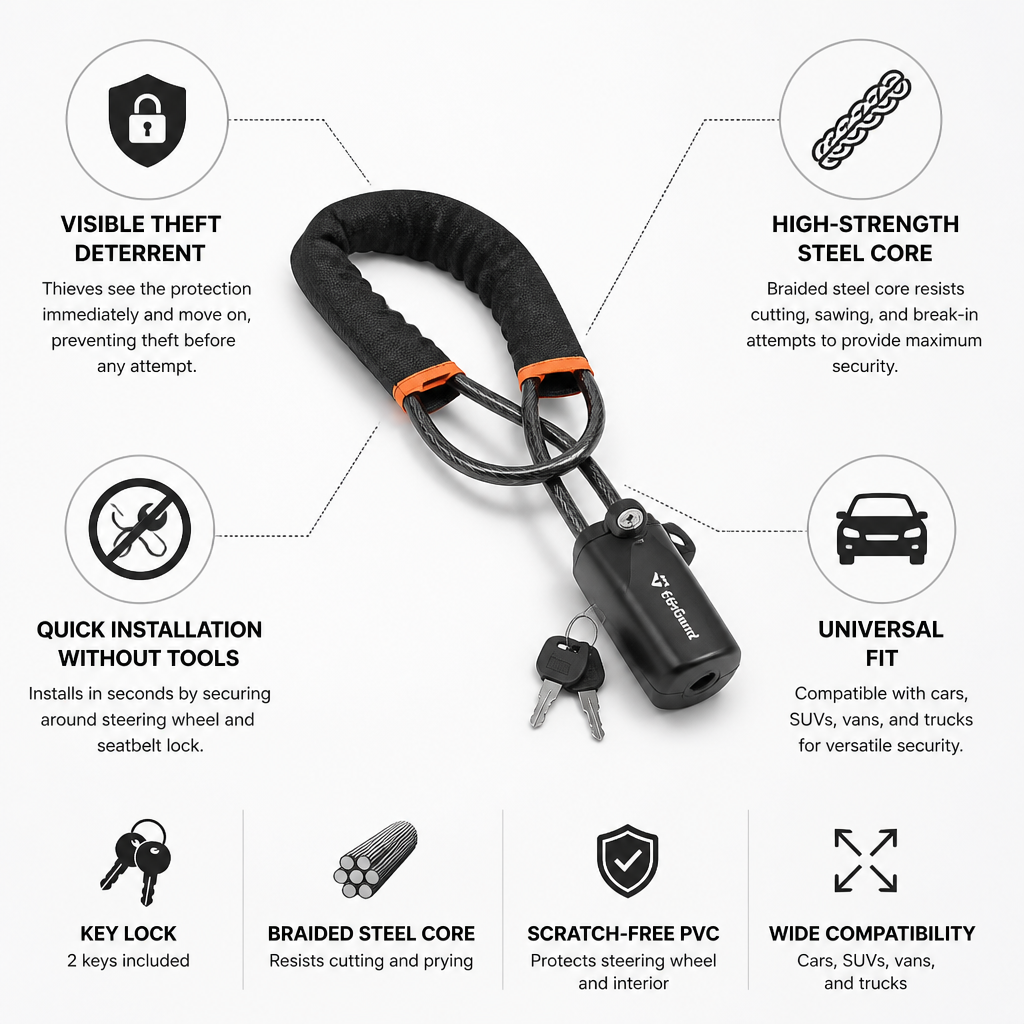 Braided Steel Core PVC-Coated Steering Wheel Lock (Universal Fit)