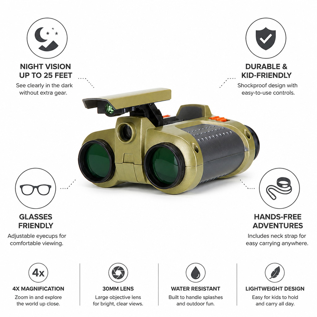 Night Vision 4x Kids Binoculars (Adjustable Eyecups)