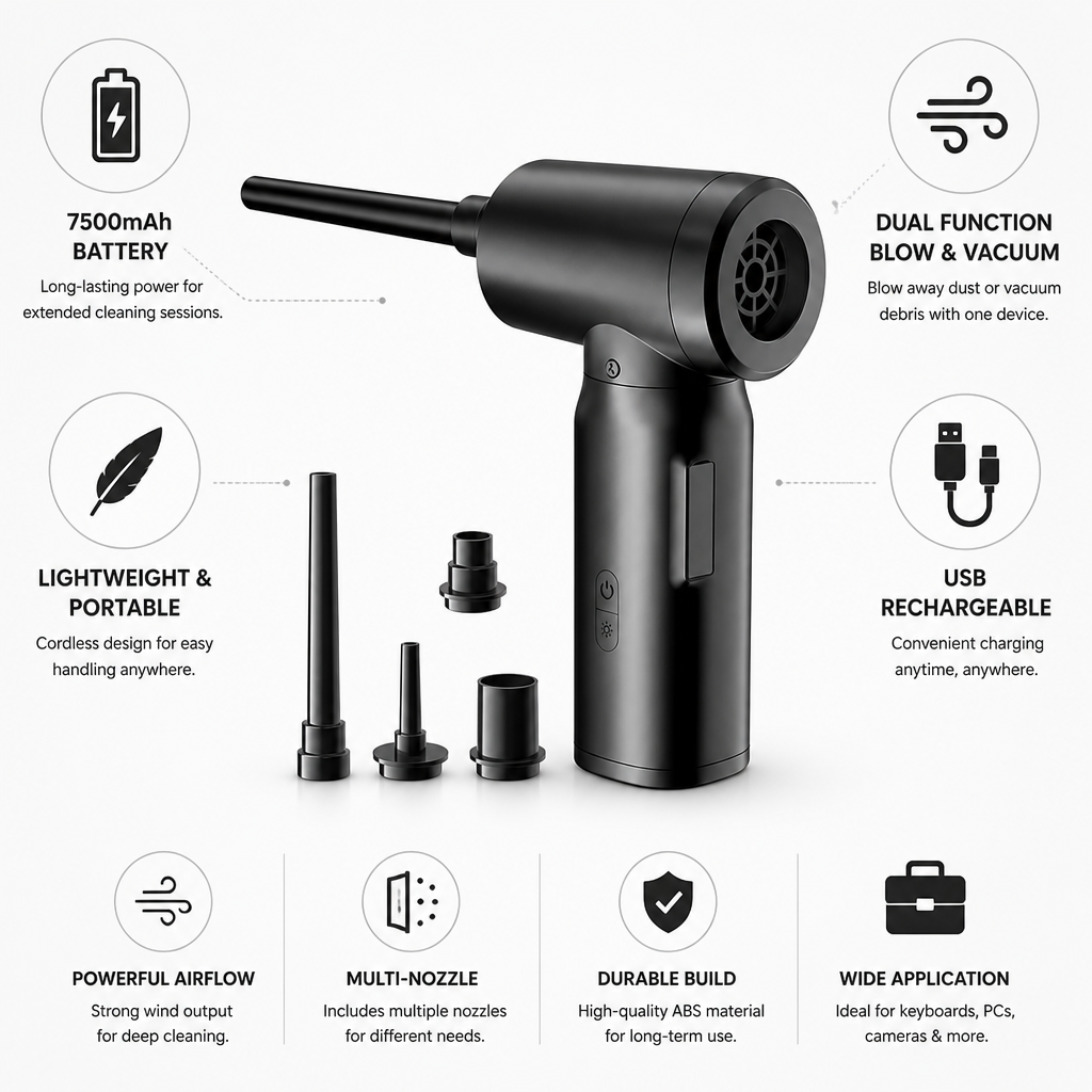 7500mAh USB Cordless Air Blaster (Blow & Vacuum)