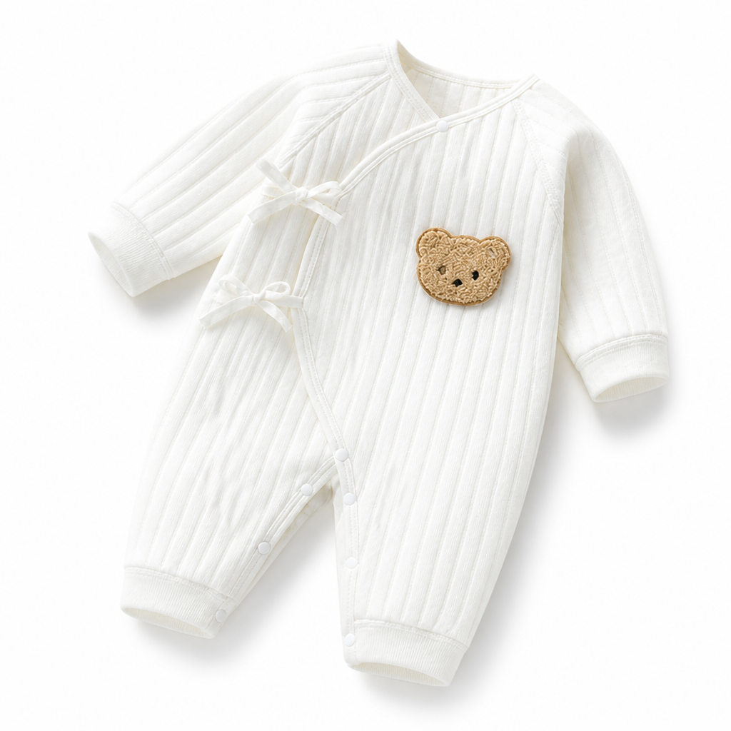 Soft 100% Cotton Press-Stud Baby Romper (Bear Applique)