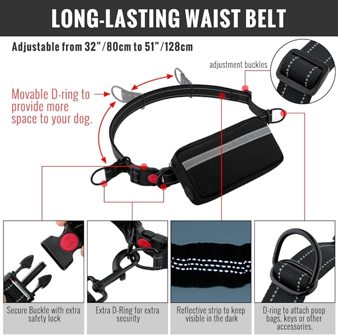 Bungee Dog Leash for Hands-Free Use – Reflective Waist Strap for Running, Hiking, and Walking