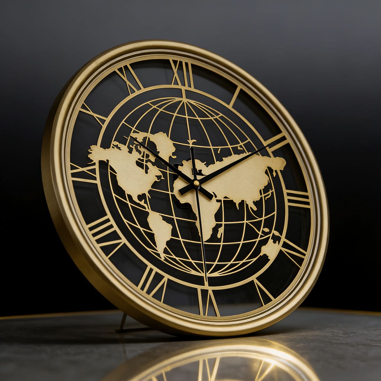 Silent Metal Wall Clock Featuring a Roman World Map Design