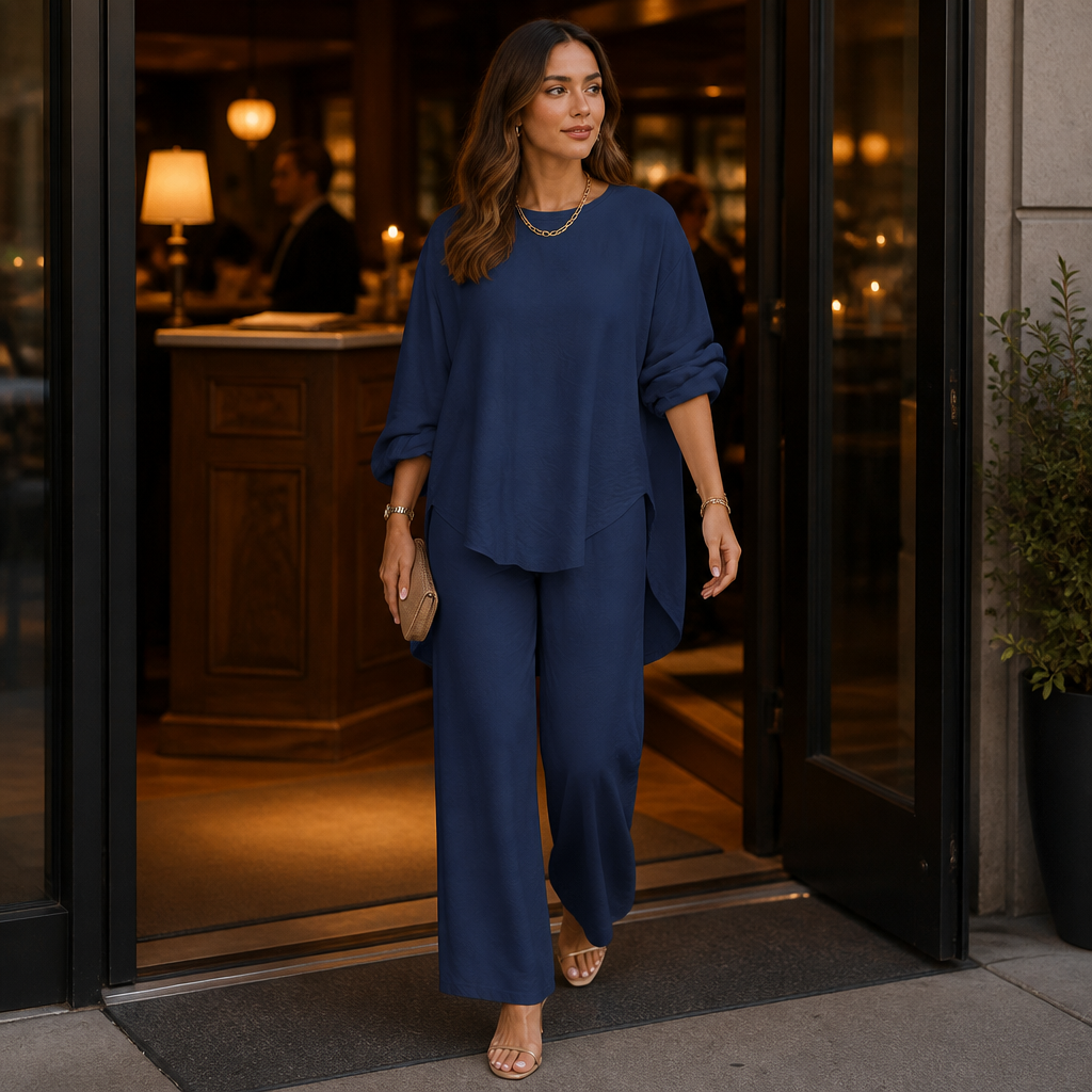 TrueStyle™ – Laid-Back Two-Piece Set Featuring Asymmetric Hem & Wide-Leg Trousers