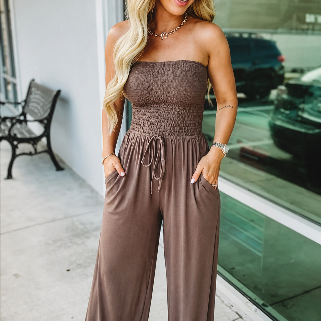 Veloria™ – Strapless Smocked Wide-Leg Jumpsuit with Pockets