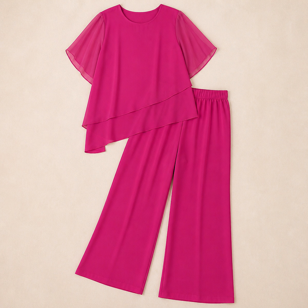 SerenLuxe™ – Sophisticated Chiffon Two-Piece Set Featuring Asymmetric Layered Top