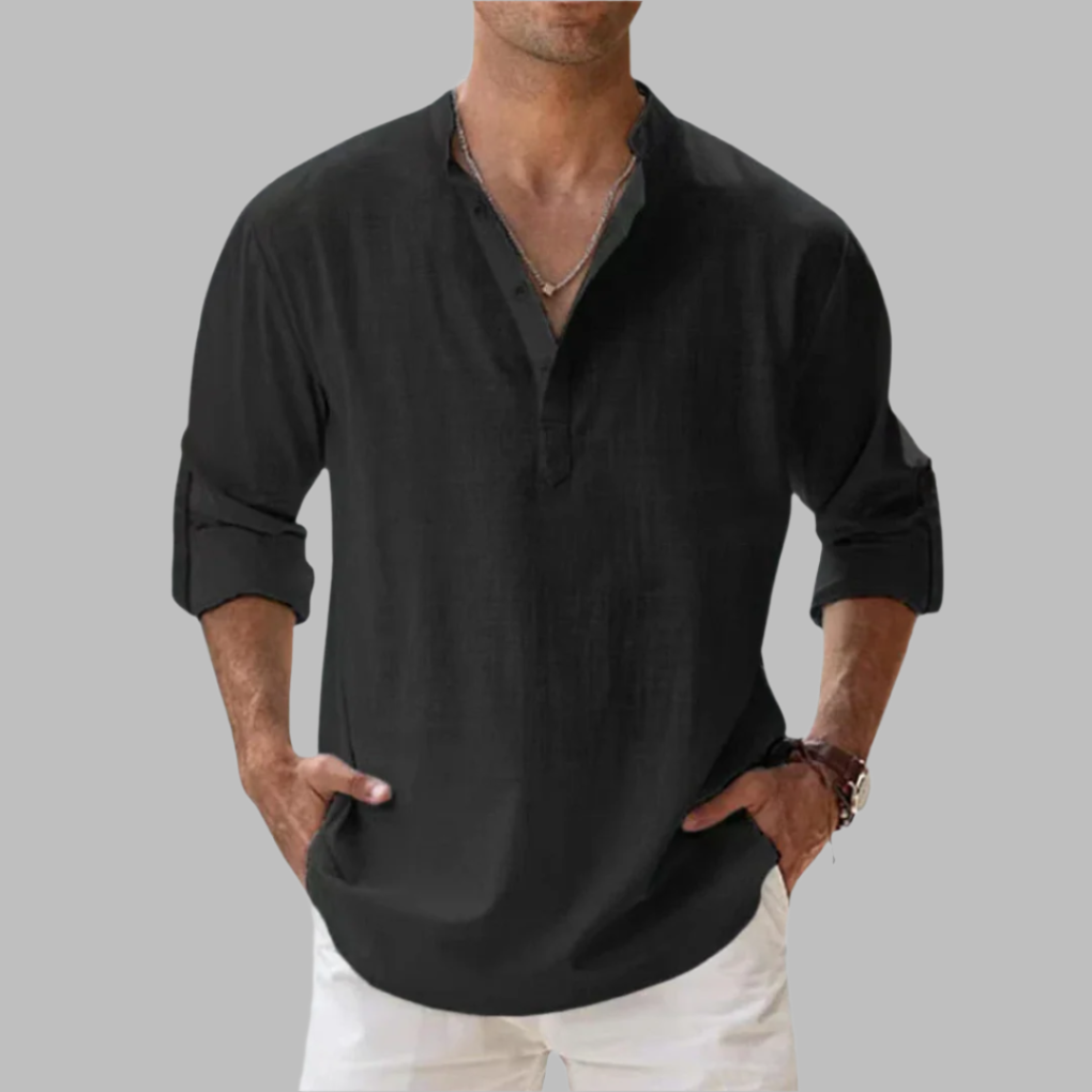 Hip-Length Button-Up Shirt in Breathable Linen with Rollable Sleeves