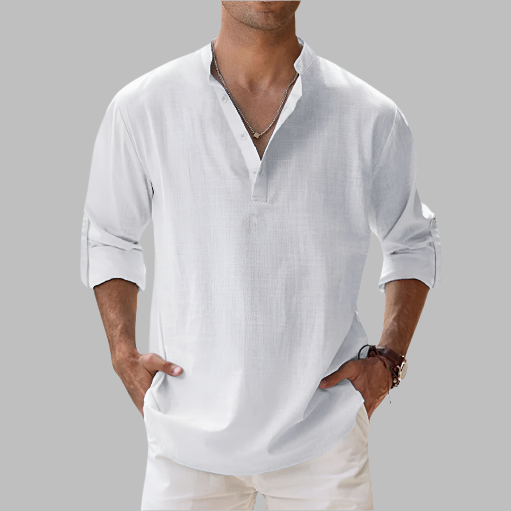 Hip-Length Button-Up Shirt in Breathable Linen with Rollable Sleeves