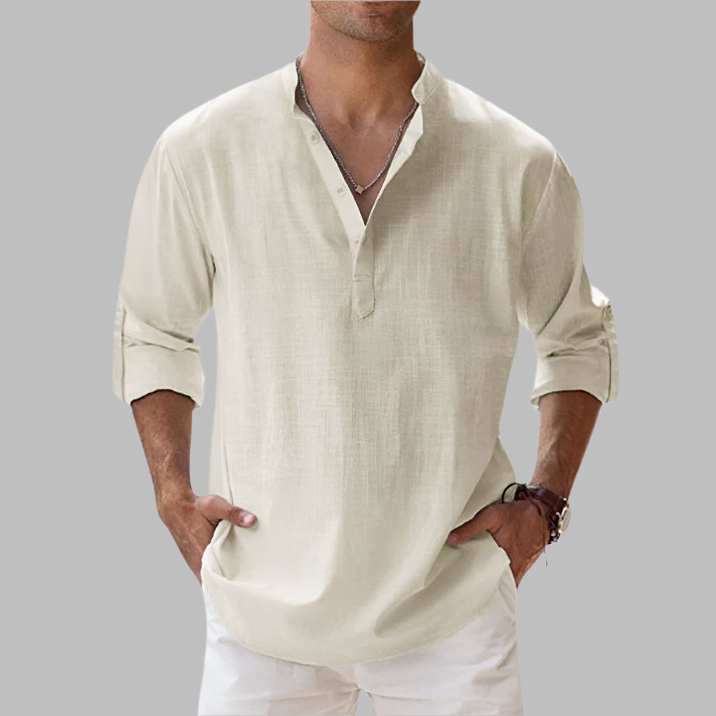 Hip-Length Button-Up Shirt in Breathable Linen with Rollable Sleeves