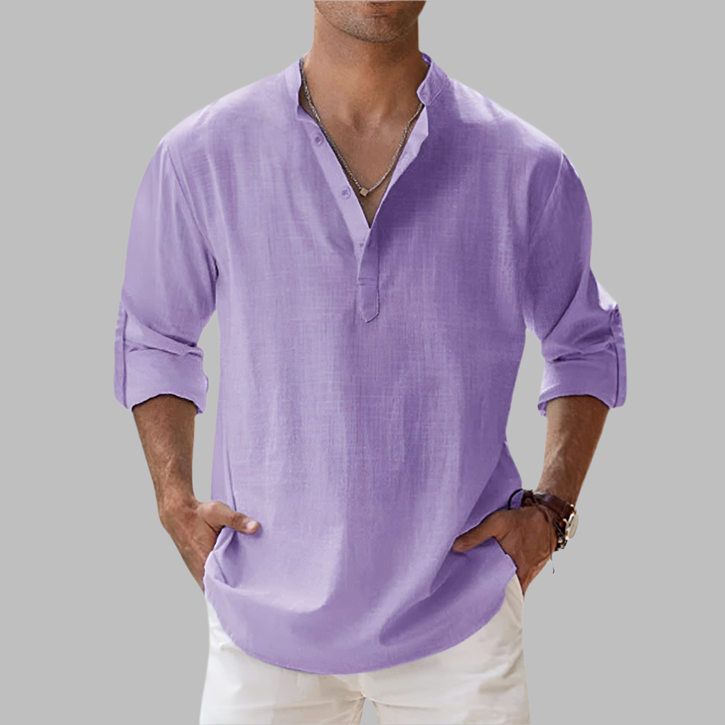 Hip-Length Button-Up Shirt in Breathable Linen with Rollable Sleeves