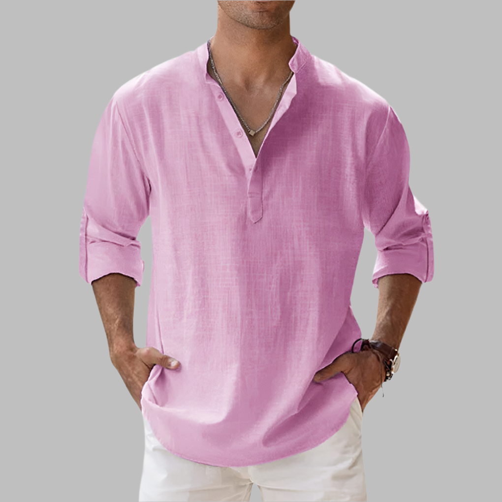 Hip-Length Button-Up Shirt in Breathable Linen with Rollable Sleeves