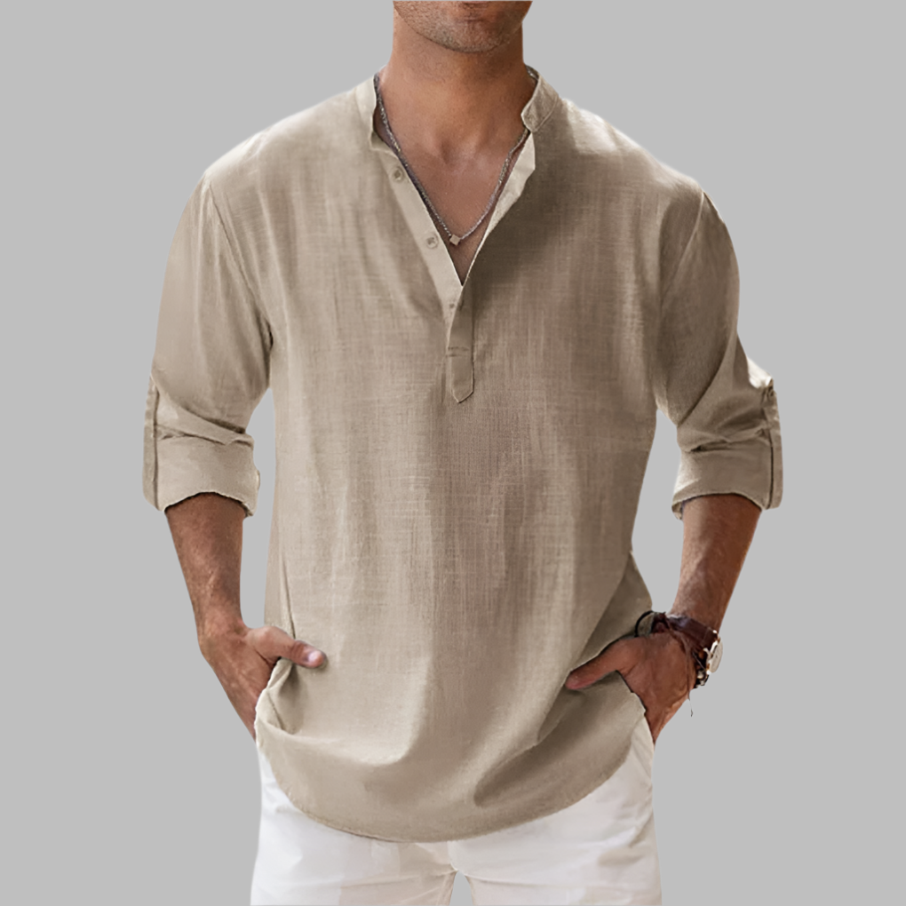 Hip-Length Button-Up Shirt in Breathable Linen with Rollable Sleeves