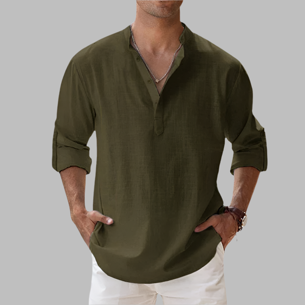 Hip-Length Button-Up Shirt in Breathable Linen with Rollable Sleeves