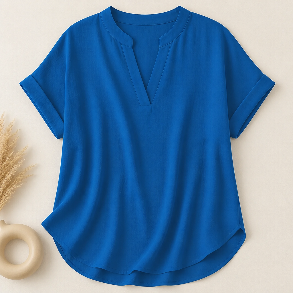 Silkora™ – Casual V-Neck Top with Rounded Hem