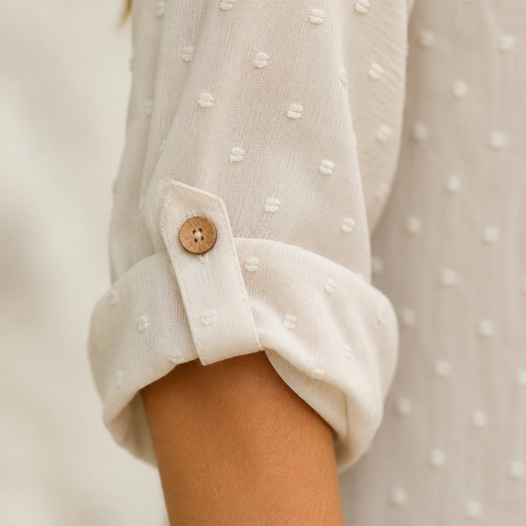 SilkoraWave™ – Laid-Back Swiss-Dot Top Featuring Buttoned Sleeve Tabs