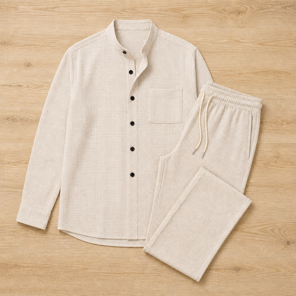 Stridonity™ – Relaxed Waffle-Texture Band-Collar Shirt & Pants Set
