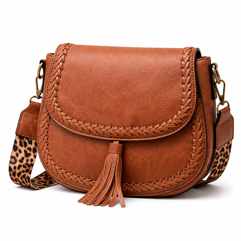 Faux Leather Tassel & Braided Trim Crossbody Bag (Adjustable Strap)