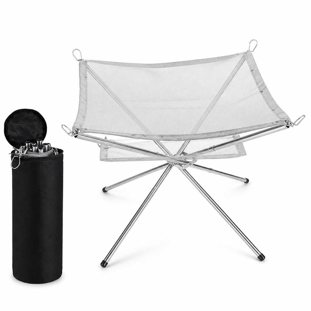 Stainless Steel Mesh Campfire Stand (Integrated Ash Tray)