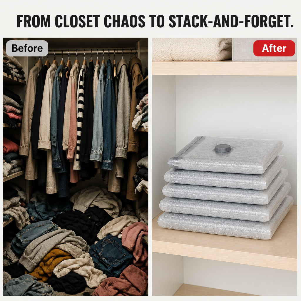 SpaceSculptor™ — Slash Closet Clutter by 80% Without Bags That Bulge Back