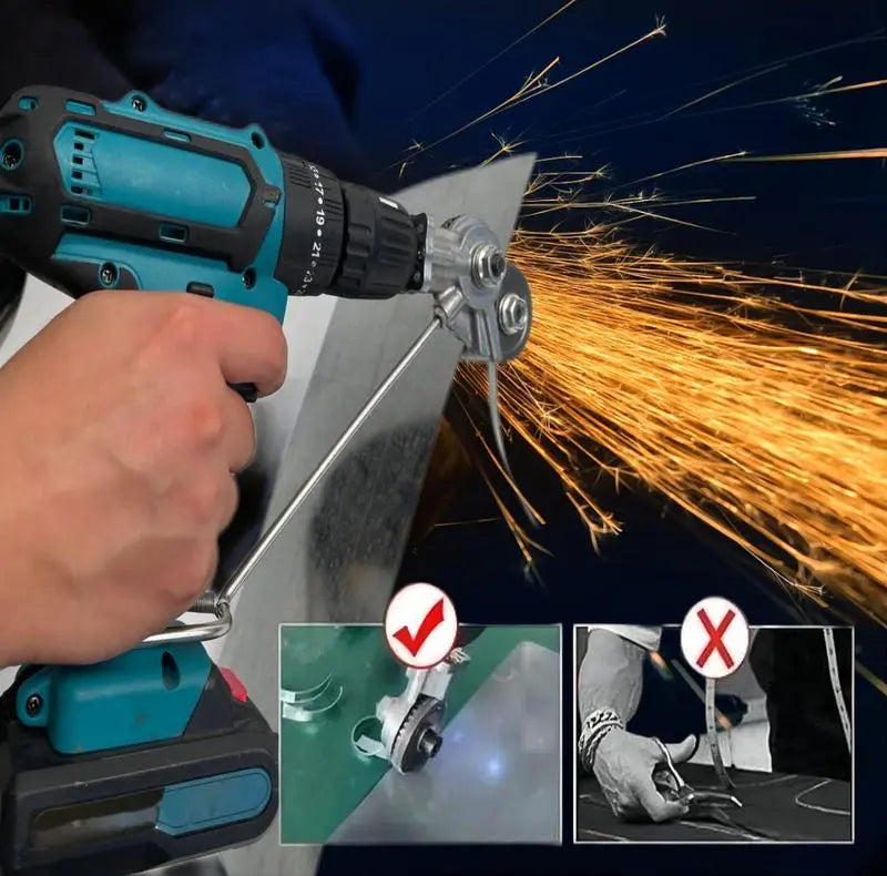 Drill Attachment for Metal Sheet Cutting - Three Swappable Heads & Gear Blade