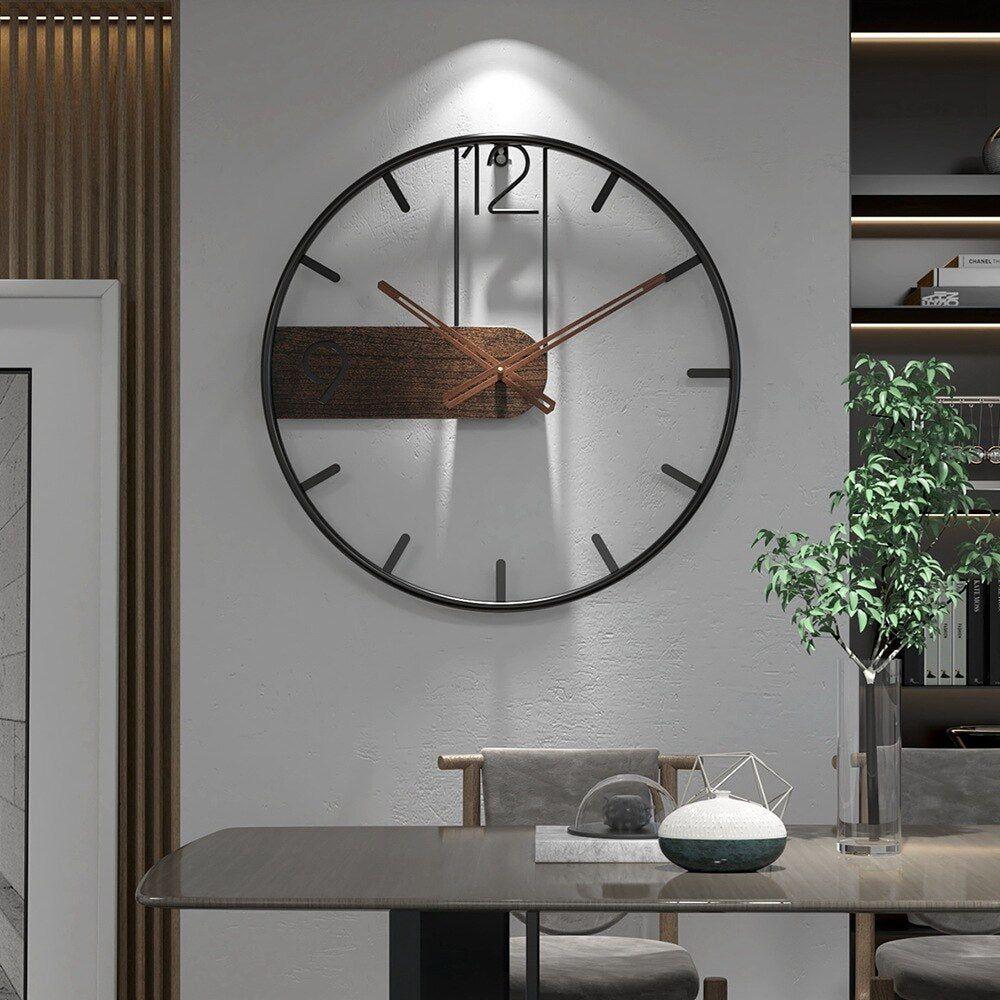 40 cm Round Wall Clock – Modern Industrial Design in Black Metal and Wood