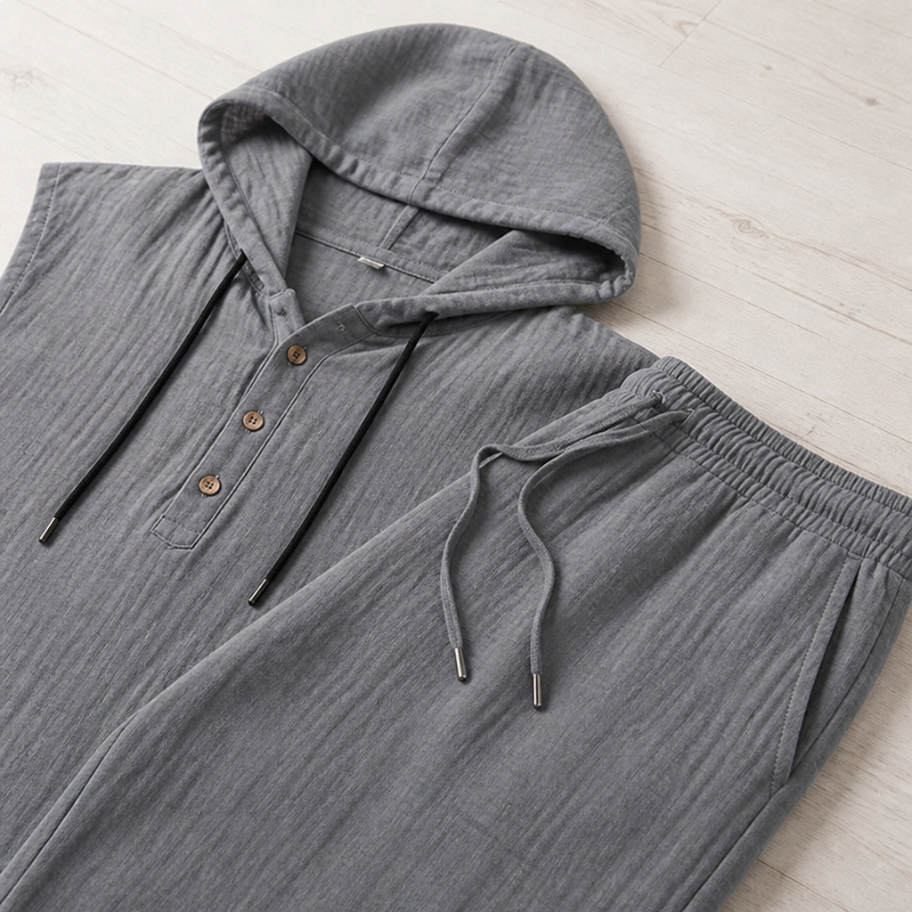 VeloShift™ – Relaxed Linen-Blend Hooded Set with Button Henley Top