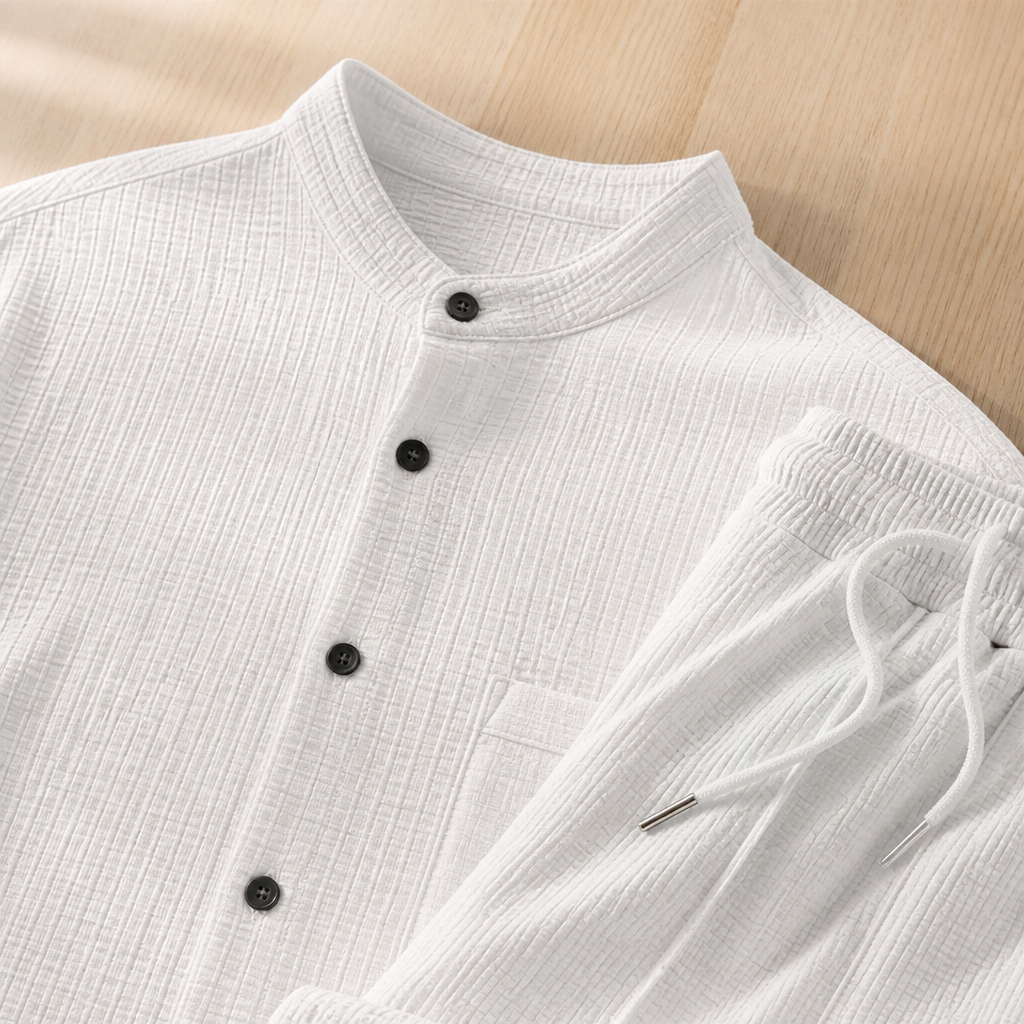 Stridonity™ – Relaxed Waffle-Texture Band-Collar Shirt & Pants Set