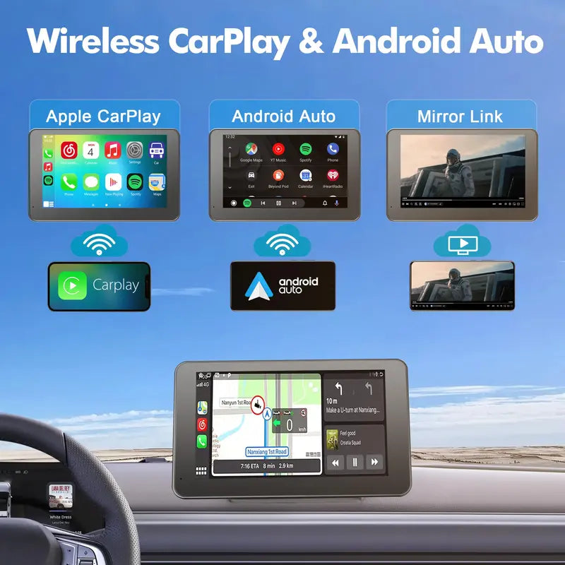 Wireless 7-Inch Car Display with Backup Camera and Voice Guidance