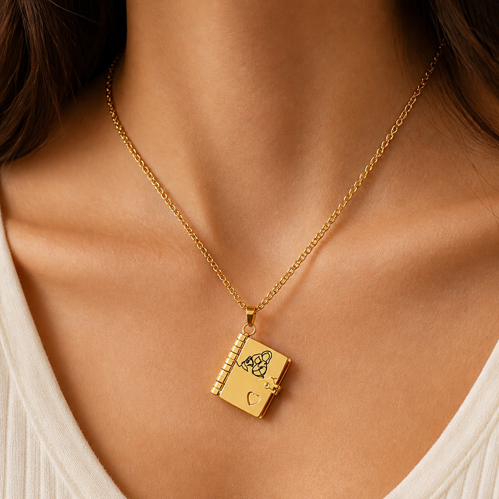 AmorieLuxe™ – Engraved Book Locket Necklace with Heart Cutout & Hidden Pages