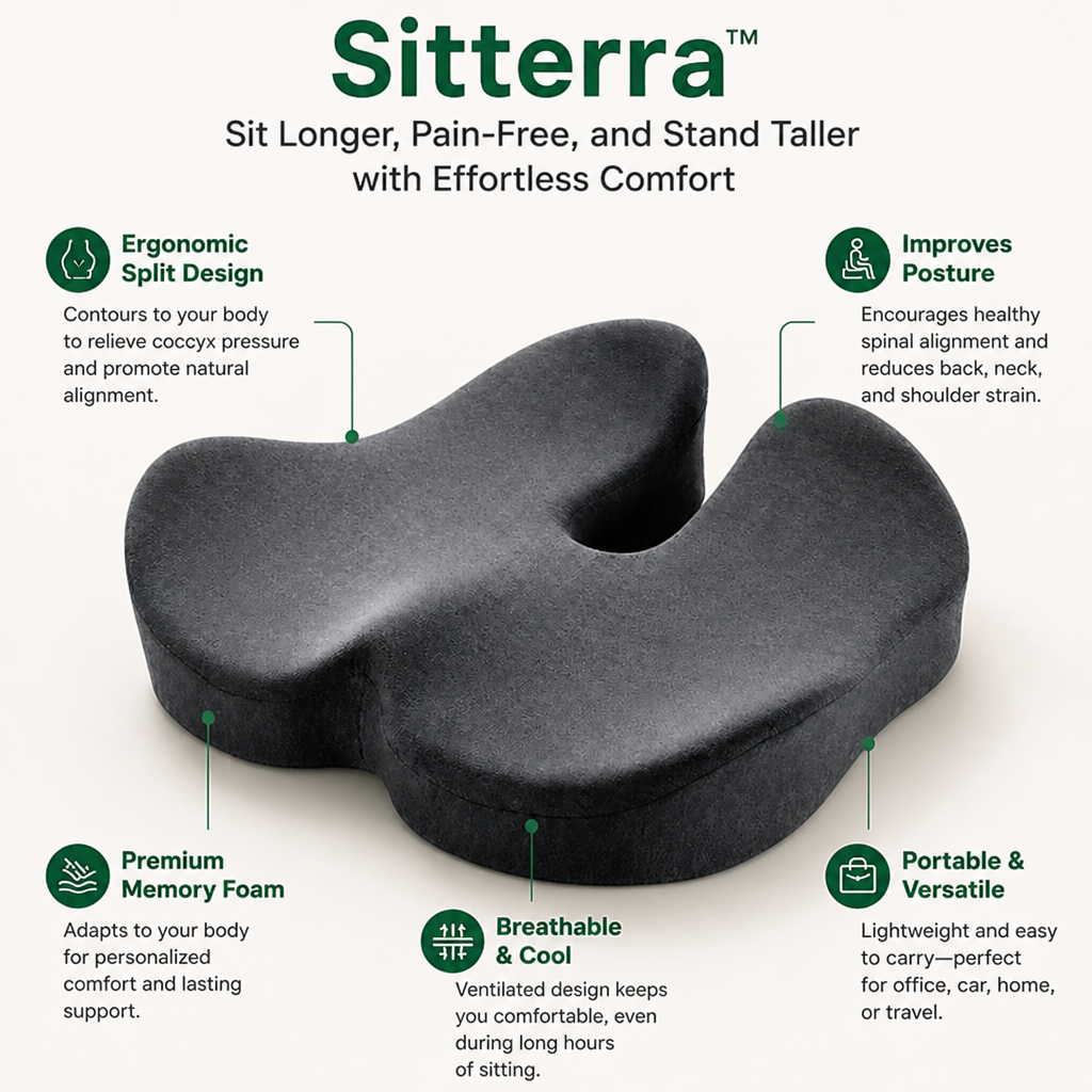 Sitterra™ — Sit Longer, Pain-Free, and Stand Taller with Effortless Comfort