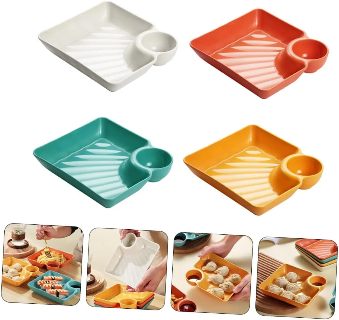 Stackable Snack and Dip Serving Plate with Sauce Bowl - 4 Colors
