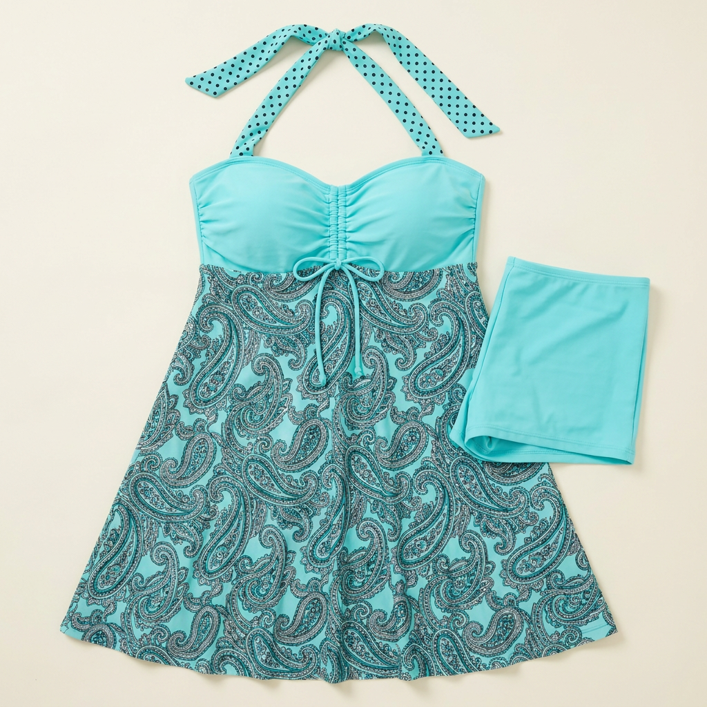 StreamlineSculpt™ – Halter Tankini Swim Dress Featuring Integrated Boyshort Coverage