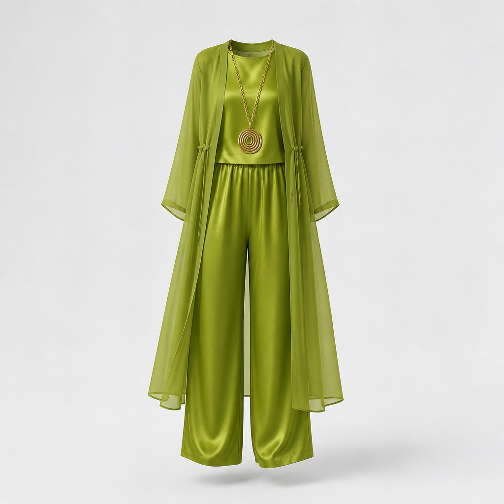 AristaLuxe™ – Three-Piece Wide-Leg Pant Ensemble with Sheer Chiffon Duster Flowing