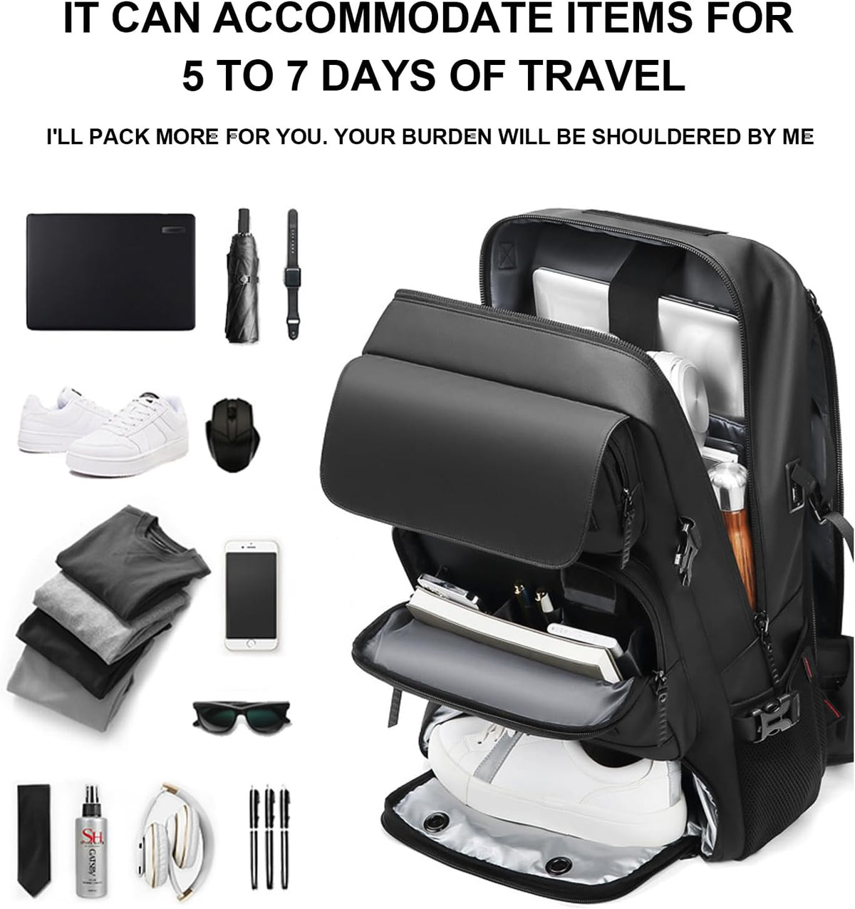 Large 50L Waterproof Backpack with USB Charging and Shoe Storage for Travel