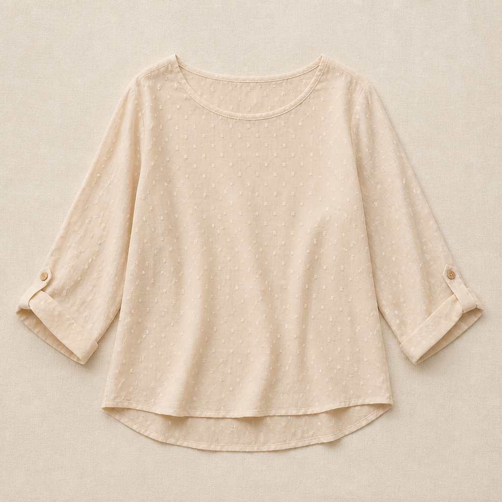 SilkoraWave™ – Laid-Back Swiss-Dot Top Featuring Buttoned Sleeve Tabs