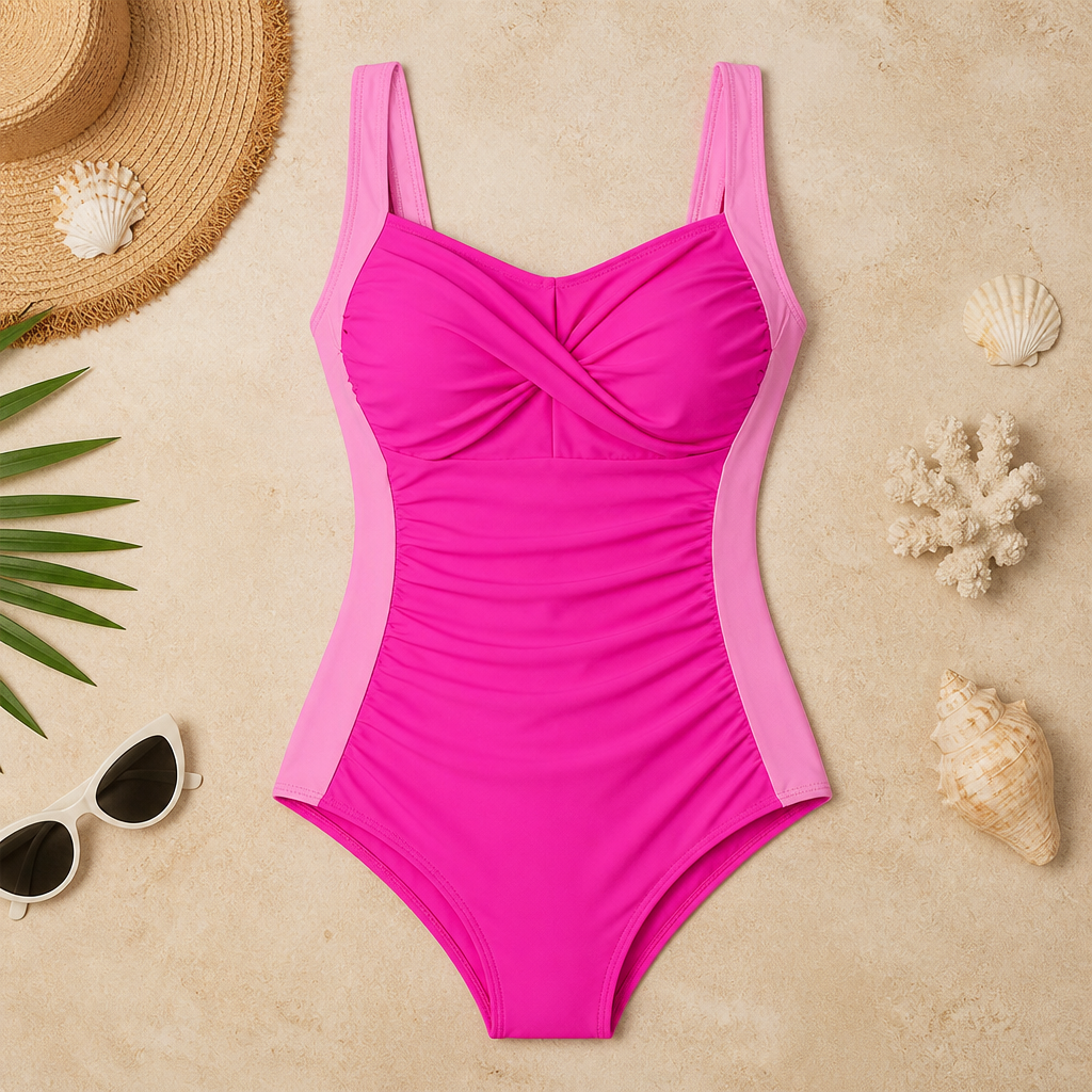 VitaFlow™ – Ruched Tummy-Control One-Piece Swimsuit with Twist-Front Bust