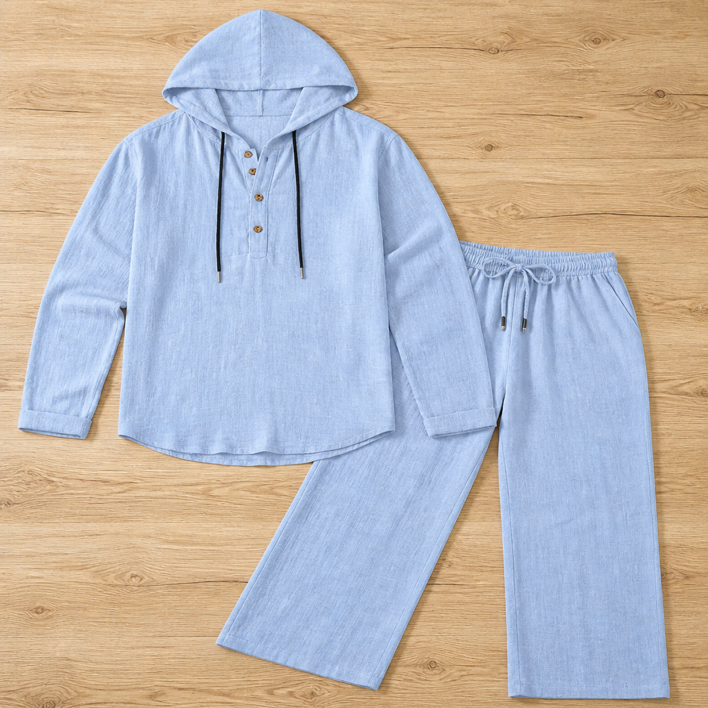 VeloShift™ – Relaxed Linen-Blend Hooded Set with Button Henley Top
